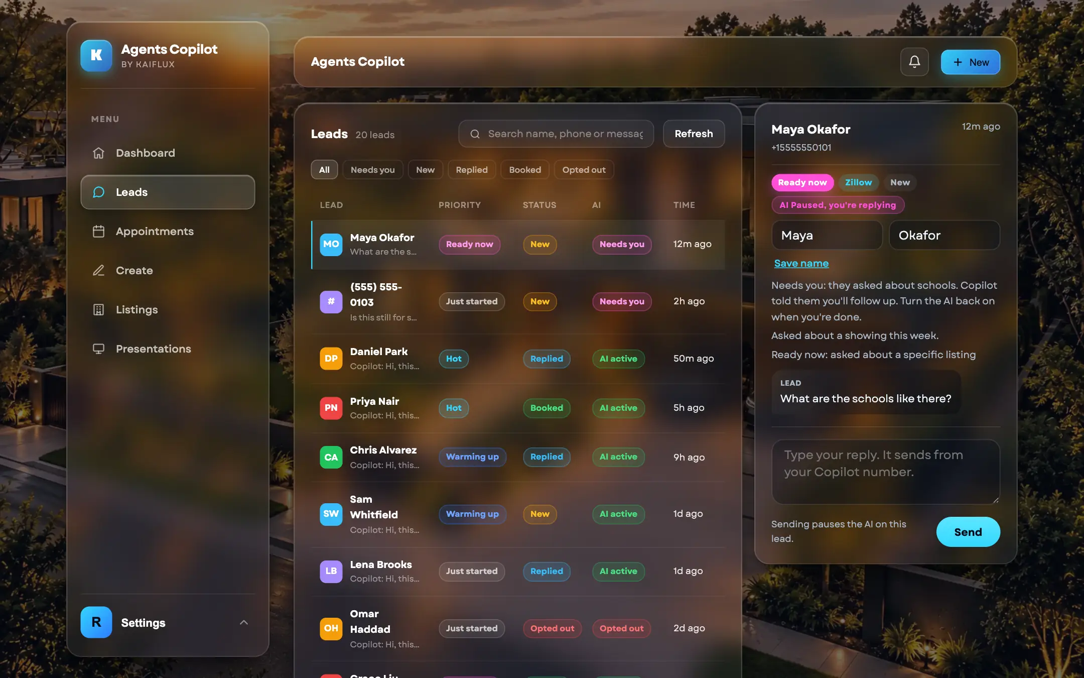 The Leads page: every lead with a priority tier, a status and whether the AI is active, and a reply box on the right.